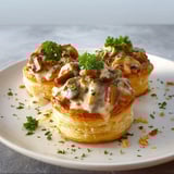 On découvre de jolis vol-au-vent au poulet et champignons servis sur une assiette blanche.