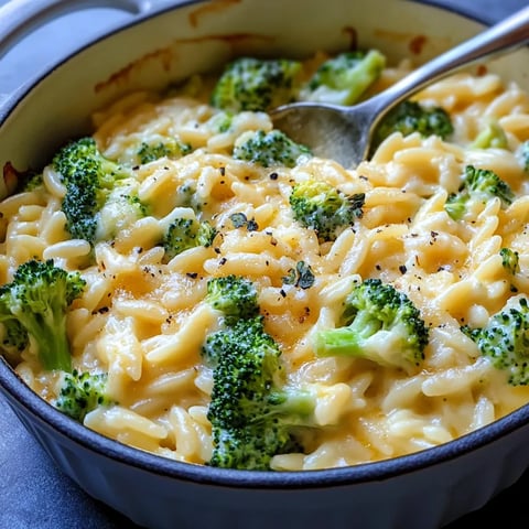 Savoureux Orzo brocolis cheddar en une casserole