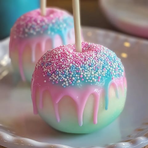 Deux pommes confites colorées avec des teintes rose, bleu et vert, posées sur une assiette.