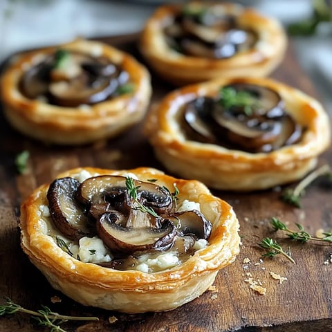 Une vue rapprochée d'un feuilleté aux champignons et fromage.
