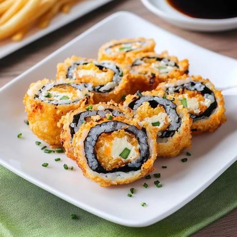 Une assiette de makis avec des frites en accompagnement.