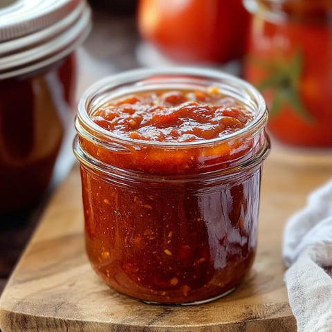 Un pot de sauce tomate sur une planche à découper en bois.