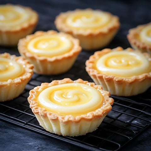 Un plateau de petites pâtisseries avec une garniture jaune.