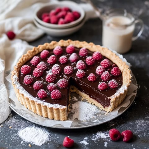 Une part de tarte chocolat framboise.