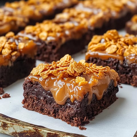 Un gros plan d’un brownie avec filet de caramel.