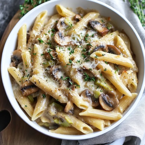 Un bol de pâtes avec des champignons et du fromage.