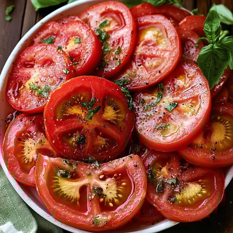 Un bol de tomates tranchées avec des herbes.