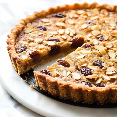 Une part de tarte avec des amandes et raisins secs.