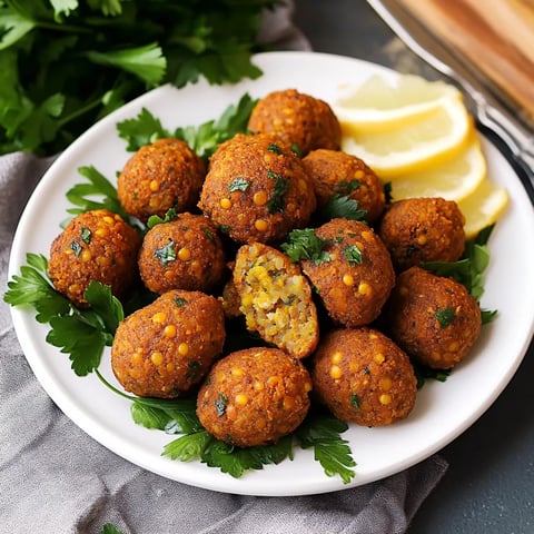 Une assiette de boulettes avec un citron.