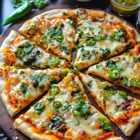 Une pizza avec poivrons verts et fromage.