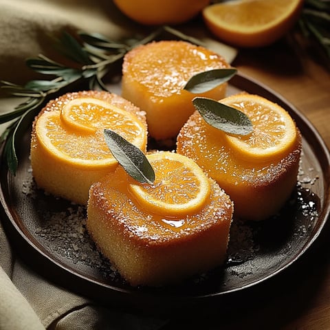 Trois parts de gâteau avec des rondelles d’orange posées dessus.