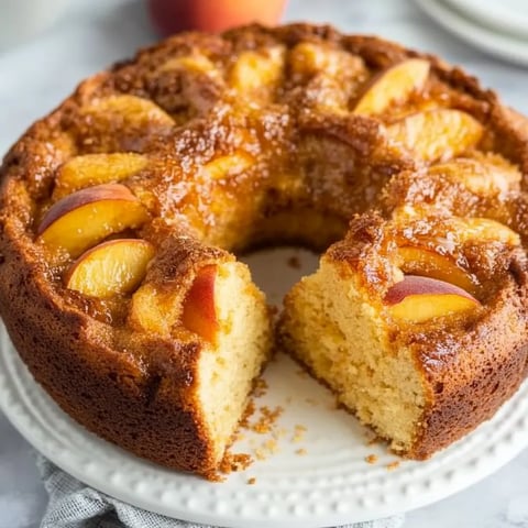 Une part de gâteau garnie de pêches sur le dessus.