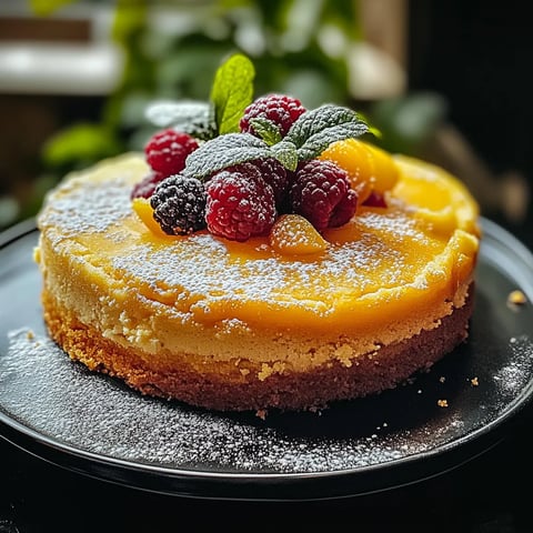 Une part de gâteau garnie de framboises et de tranches d’orange.