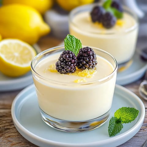 Un verre de yaourt citron avec des mûres au sommet.