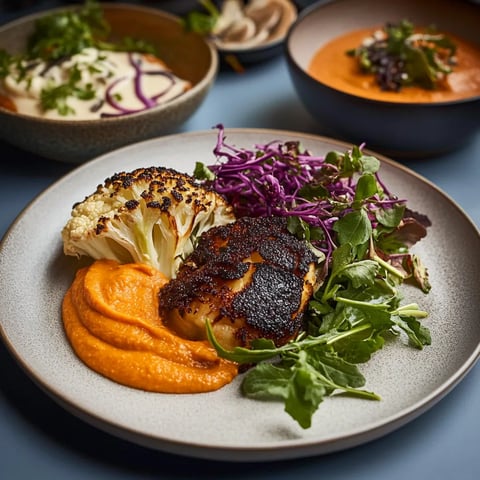 Une assiette garnie avec une salade et un bol de soupe.