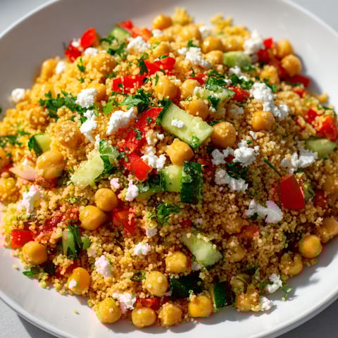 Un grand plateau plein de couscous, pois chiches, carottes et poivrons bien colorés.