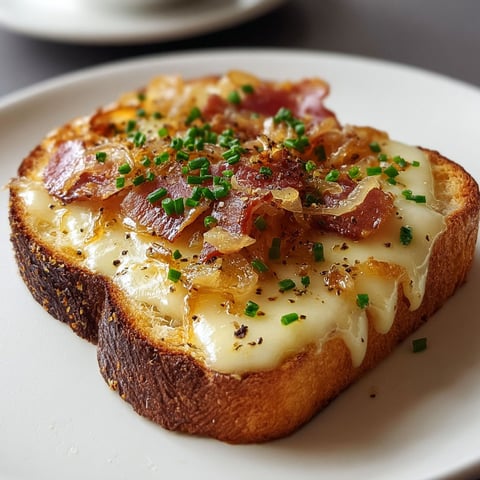 Sur le pain grillé, on voit le fromage fondu, les lardons et des oignons dorés, avec en bonus une tasse de café à côté.