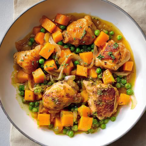 Une assiette tranquille avec poulet, courge, fleur d’ail, légumes et carottes sur un plateau.