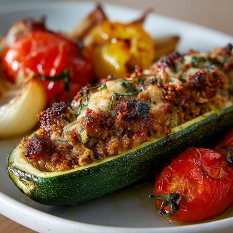Courgette farcie au veau, parmesan et tomates rôties, avec des légumes dorés.