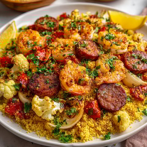 Un plat de couscous coloré avec crevettes, merguez, légumes et plein d’arômes.