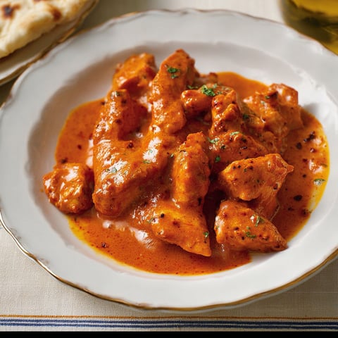 Sur une table, il y a une assiette garnie de poulet beurre express nappée d'une sauce rouge et d'herbes fraîches.