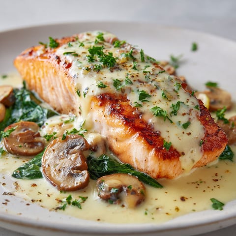 Filets de saumon à l'ail, dans une sauce crémeuse avec épinards et champignons.