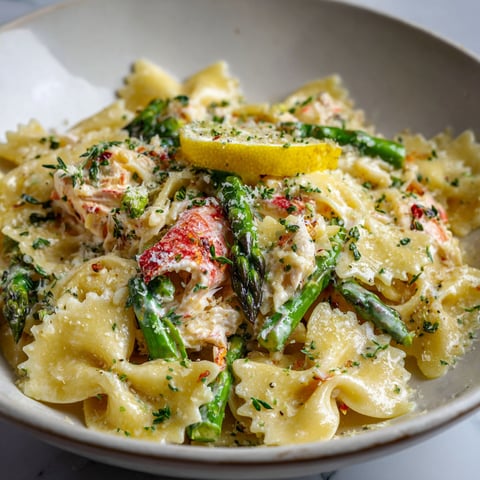 Une jolie assiette de pâtes crabe, citron et asperges posée sur une table.