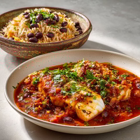Poisson dans la sauce tomate servi avec un riz à la mexicaine.