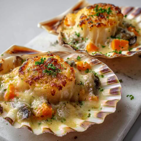 Deux portions appétissantes de Gratin Saint-Jacques Crème Champignons, posées sur un plateau en marbre.