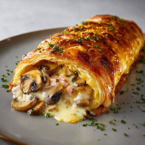 Une assiette garnie d’un feuilleté généreux aux champignons et jambon bien doré, prête à être dégustée.