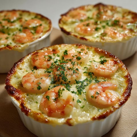 Cassolettes garnies de crevettes et poireaux avec une sauce bien onctueuse.