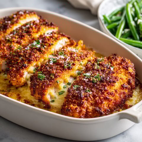 Un poulet tout doré au fromage parmesan qui sort du four dans un plat en verre.
