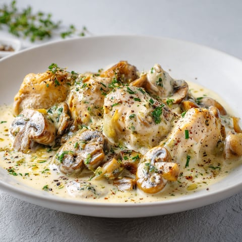 Bol blanc garni de poulet bien tendre avec une sauce à la crème et des champignons dorés.