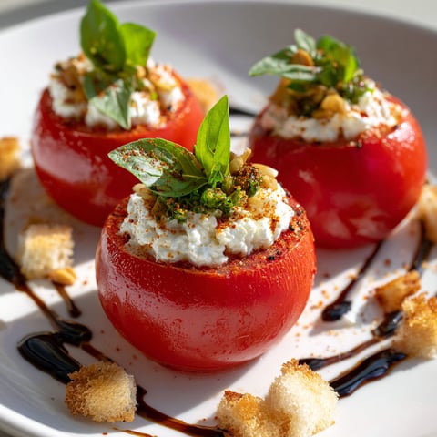 Tomates garnies de stracciatella sur un joli plateau, accompagnées de crostinis croustillants et d'herbes fraîches.