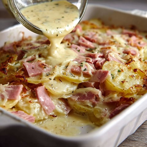 Des pommes de terre et du jambon gratinés servis dans un plat transparent.