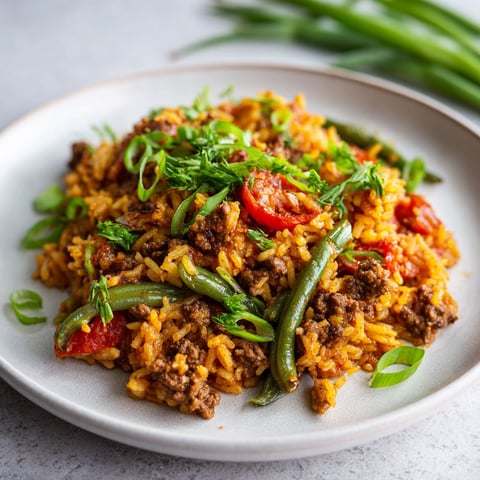 Sur un plateau, un plat généreux de riz, boeuf et tomates avec des haricots verts.