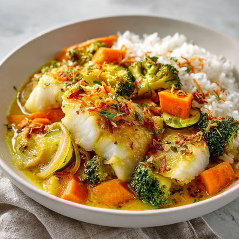 Cari de poisson aux arachides avec petits légumes et riz dans une assiette.