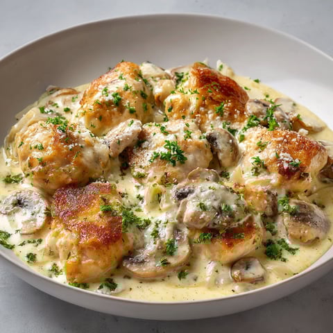 Un morceau de poulet nappé de crème et entouré d’herbes sur assiette blanche, champignons autour.