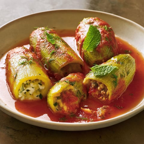 Assiette de courgettes farcies et sauce tomate.