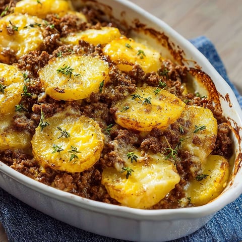 Une belle casserole de pommes de terre gratinées au bœuf haché fondant.