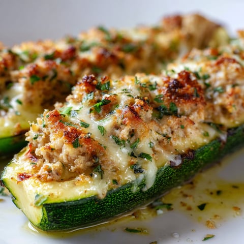 Courgettes garnies de thon et fromage fondant, posées sur une belle assiette blanche.