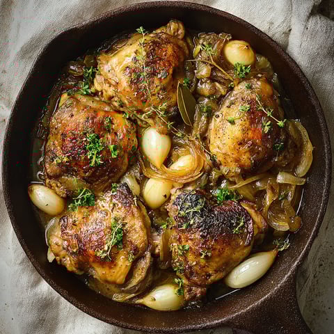 De belles cuisses dorées avec oignons fondants et gousses d’ail dans une cocotte en fonte.
