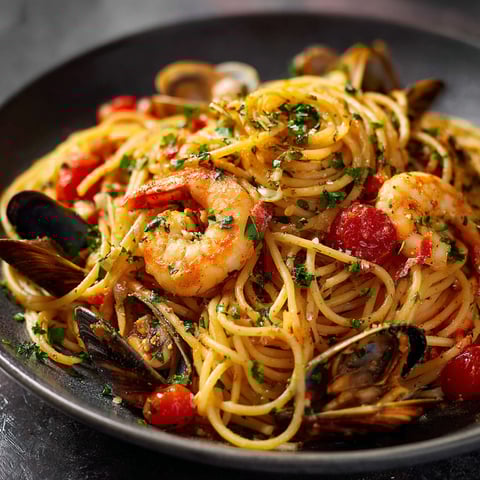Une assiette de spaghetti allo scoglio bien garnie de moules, crevettes, calamars et tomates, posée simplement sur une table.