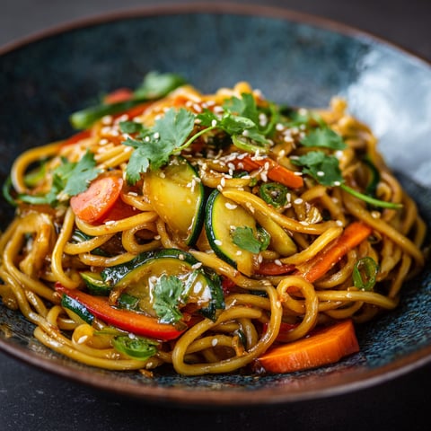 Des nouilles sautées pleines de légumes colorés — carottes, zucchini et autres verts — joliment servies sur une table sombre.