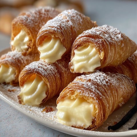 Cornets en pâte feuilletée bien garnis de crème vanille déposés sur une plaque.