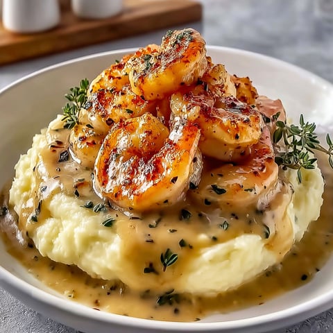 Jolie assiette de crevettes crémeuses à l’ail sur une purée de pommes de terre.