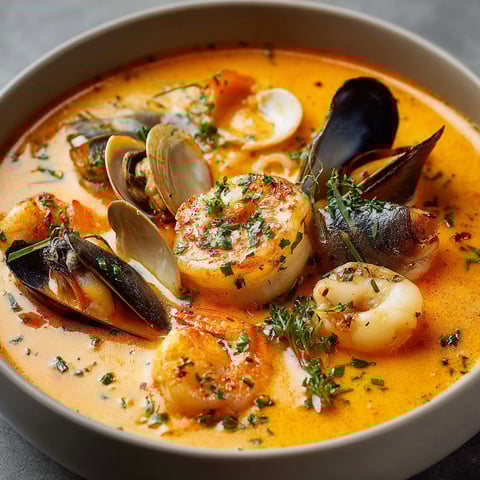 Dans un joli bol, cette soupe onctueuse regorge de moules, langoustines et coquillages, prêts à être dégustés.