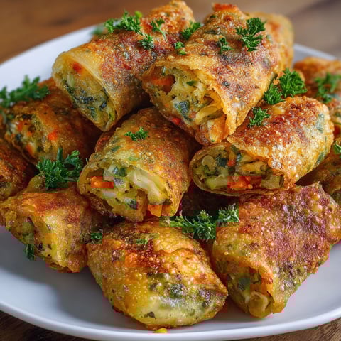 Des briouates bien dorés à la croûte croustillante, remplis de légumes, servis sur un plat coloré.