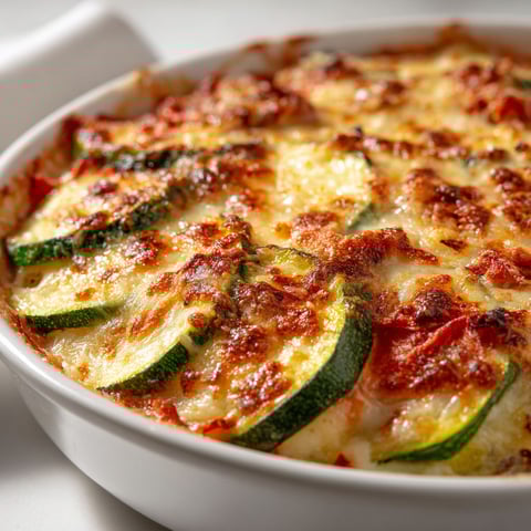 Une assiette de gratin courgettes thon, avec morceaux de courgettes moelleuses et thon.
