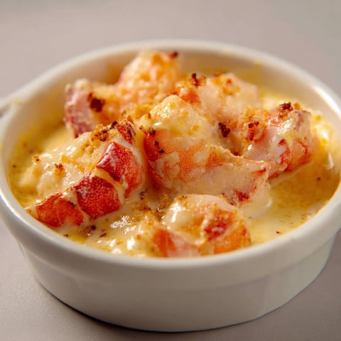 Une marmite de langoustines flambées au cognac dans un bol rond.